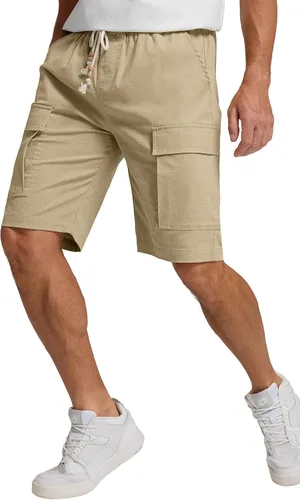 Vista 5 de Sailwind Pantalones cortos de lino cargo para hombre, pantalones cortos de playa de verano con cordón