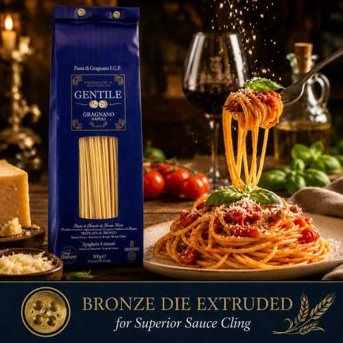 Vista 6 de Gentile Organic Long Pasta di Gragnano IGP - Pasta italiana de corte bronce - Auténtica pasta artesanal de Gragnano, Italia (Spaguetti 8 minutos)