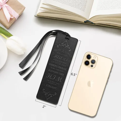 Vista 6 de FINPAC Marcadores de cuero para la Biblia, marcadores religiosos veganos, marcadores de versículos bíblicos, regalos de iglesia para mujeres y Negro