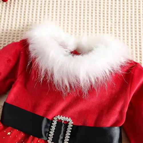 Vista 3 de Vestido de Papá Noel para bebé, vestido de Navidad rojo, disfraz de señora Claus para niñas, vestido de fiesta de Navidad de franela de manga larga