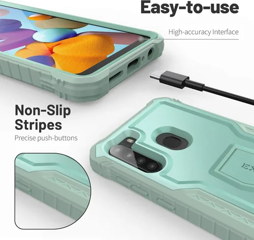 Vista 3 de ExoGuard Funda para Samsung Galaxy A21, funda de goma a prueba de golpes de cuerpo completo, protector de pantalla integrado y soporte compatible