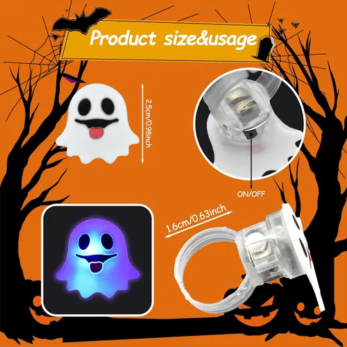 Vista 3 de Anillos iluminados para fiestas de Halloween, 50 unidades, anillos LED brillantes, juguetes divertidos para niños y adultos, Plástico