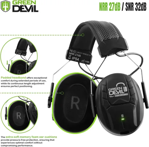 Vista 4 de GREEN DEVIL Auriculares Electrónicos Bluetooth de Protección Auditiva con Micrófonos de Brazo Articulado, Orejeras con Cancelación de Ruido de 27dB