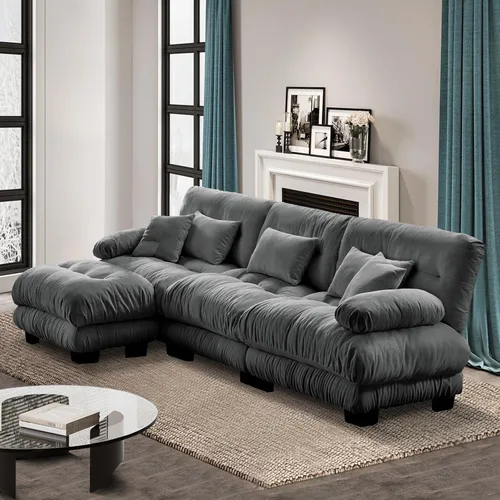 Vista 41 de Reposapiés Otomano Tapizado de Terciopelo con Cojín para Sofá Seccional Sofá 300 libras para Sala de Estar (Beige)