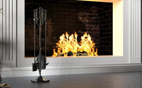 Vista 8 de Juego de herramientas de chimenea de hierro forjado negro, 5 piezas, para estufa de leña, pinzas de tronco, accesorios de chimenea de alta