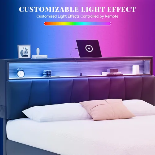 Vista 4 de YITAHOME Base de cama de tamaño matrimonial, marco de cama LED con cabecera tapizada de almacenamiento, cama de plataforma con salida y puertos USB