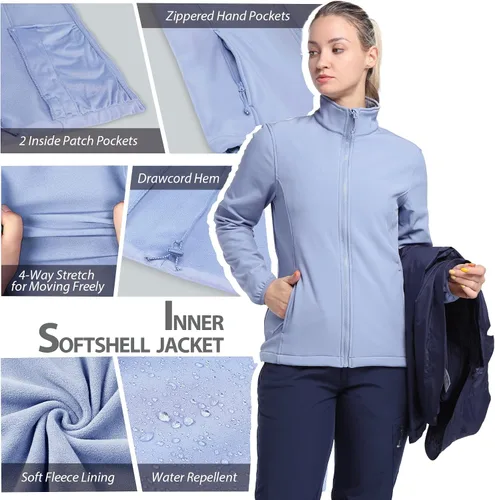 Vista 4 de 33,000ft Abrigo impermeable con capucha 3 en 1 para mujer, para invierno, esquí, senderismo, lluvia, forro de vellón, cortavientos