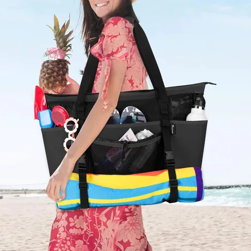 Vista 7 de Fasrom Extra Large Mesh Beach Bag with Zipper Bottom Family Beach Tote Bag with Wet and Dry Separation Patent Design