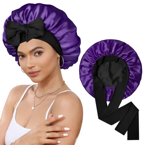Vista 22 de Gorro de satén de seda para dormir, gorro de seda de doble capa con banda elástica para cabello rizado
