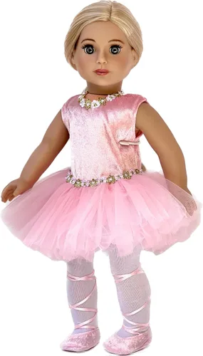 Vista 6 de Prima Bailarina - Traje de bailarina de 3 piezas para muñecas de 18 pulgadas, leotardo rosa con tutú, medias blancas y zapatos de ballet