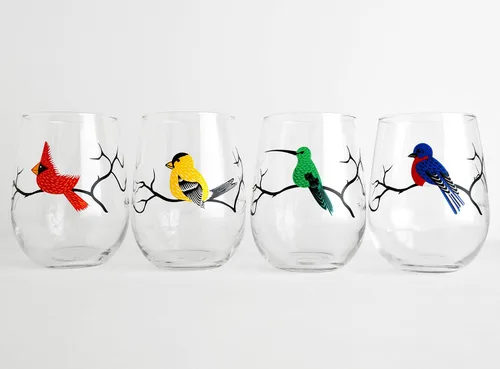 Vista 4 de Juego de 4 copas de vino sin tallo, colección de cristalería serigrafiada, regalos para observación de aves