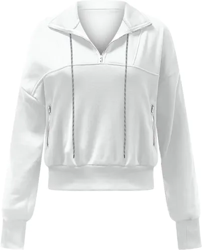 Vista 9 de Women's Quarter Zip Up Lapel Sweatshirt Trendy Cropped Drawstring Sweatshirt with Thumb Hole Loose Long Sleeve Workout Tops
