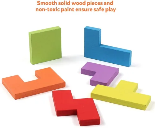 Vista 10 de Coogam Rompecabezas de Bloques de Madera Juguete de Acertijos Cerebrales Tangram Rompecabezas de Inteligencia Colorido Juego de Bloques Rusos 3D