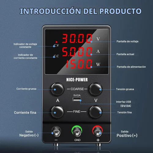 Vista 2 de NICE-POWER Fuente de alimentación CC ajustable: fuente de alimentación de banco de laboratorio de 30 V 5 A con conmutación variable regulada de alta
