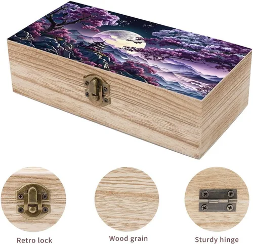 Vista 3 de Cherry Blossom Moon Wooden Storage Box with Hinged Lock,Decorative Handmade Keepsake Jewelry Chest, Elegant Retro Decor Boxes, Compact Organizer Box