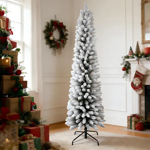 Vista 2 de Árbol de Navidad artificial de 5 pies con lápiz, para el hogar, oficina, decoración de vacaciones, árbol flocado blanco para espacios pequeños