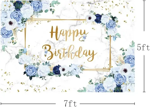 Vista 3 de MEHOFOND Telón de fondo de feliz cumpleaños de 7 x 5 pies, flores azules y blancas, fondo de fotografía de cumpleaños para niñas, puntos geométricos