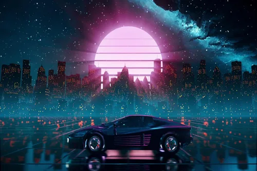 Vista 5 de Telón de fondo de auto Cyberpunk de 5 x 3 pies, diseño retro futurista de Ciudad Cibernética Cibernética Rascacielos Luna Roja Punk, Fondo de coche