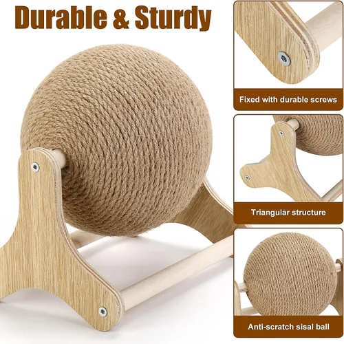 Vista 2 de Outamateur Juguete de bola rascador para gatos, bola rascador de sisal para gatos con soporte estable, juguete de ejercicio interactivo