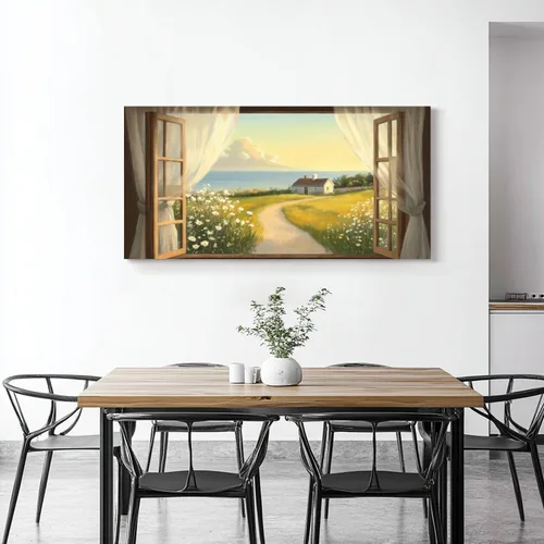 Vista 2 de Arte de pared costero vintage de 30 x 60 pulgadas, paisaje de ventana, granja, paisaje, naturaleza, pintura cálida, impresión sobre lienzo, arte