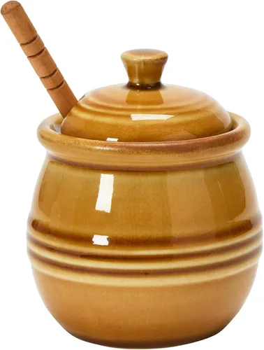Vista 5 de Creative Co-Op Farmhouse - Tarro de miel de gres en relieve con cucharón de miel de madera, naranja ámbar