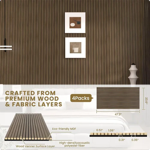 Vista 4 de Paquete de 4 paneles acústicos de madera para pared y techo (47.2 x 23.6 pulgadas), elegantes paneles de listones insonorizados con acabado