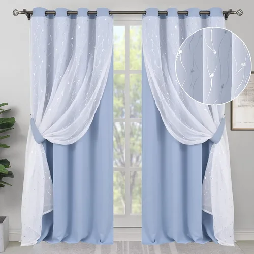 Vista 16 de BGment Cortinas de oscurecimiento de habitación con superposición transparente, cortinas de tul estampado plateado de doble capa para sala de estar