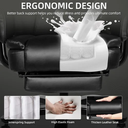 Vista 5 de Silla de oficina reclinable con reposapiés, sillas de escritorio de oficina en casa grandes y altas, 400 libras con respaldo alto, asiento ancho