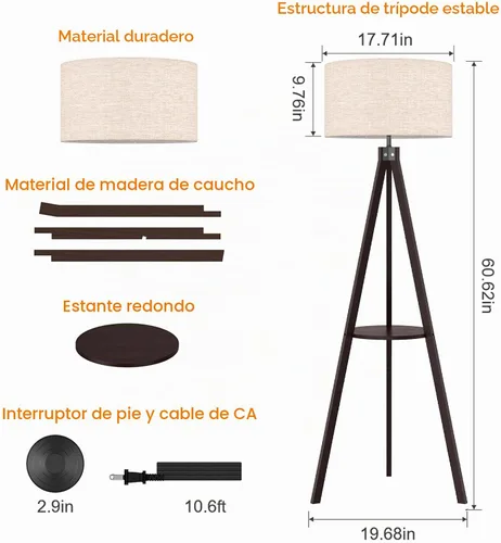 Vista 6 de LEPOWER Lámpara de pie con trípode, lámpara de pie de madera de mediados de siglo, lámpara de pie con diseño moderno y estante para sala de estar