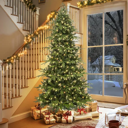 Vista 5 de HOLLO STAR Árbol de Navidad de lápiz preiluminado de 6 pies con 300 luces LED, control por aplicación, árbol de Navidad artificial Aspen, luces RGBW