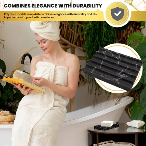 Vista 2 de DAYONE Soporte con aspecto de mármol, jabonera con bordes protectores de jabón, soporte rectangular para jabón con pies antideslizantes, bandeja
