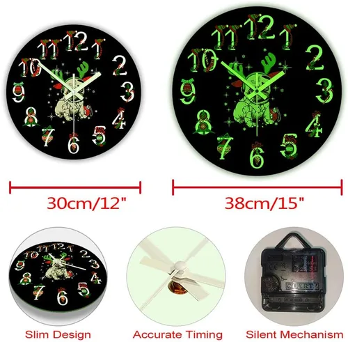 Vista 7 de The Geeky Days Reloj que brilla en la oscuridad, adorno de Navidad Pug funciona con pilas, reloj de pared luminoso de cuarzo silencioso con diseño