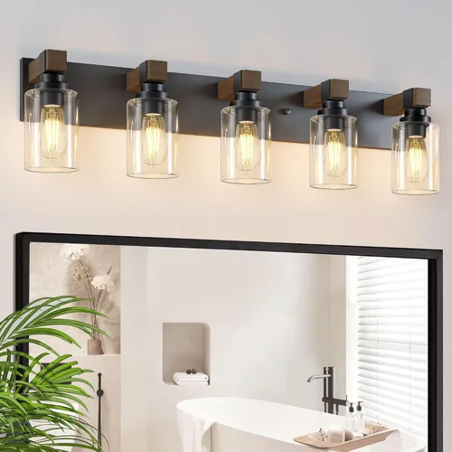 Vista 11 de Accesorios de iluminación de baño de granja, luces de tocador rústicas de 3 luces en madera para baño, iluminación de apliques de pared vintage