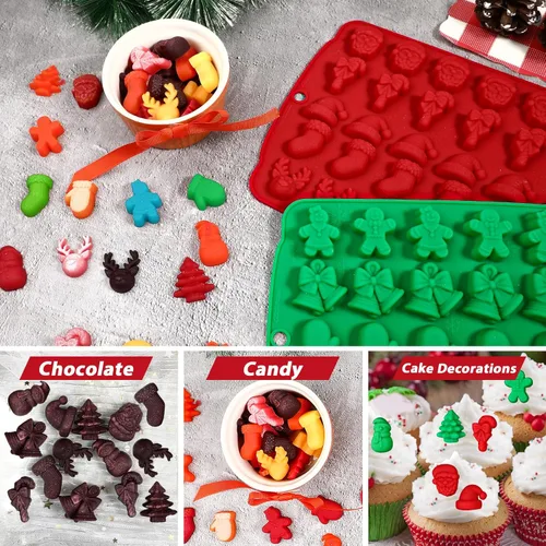 Vista 3 de Moldes de caramelo navideños Kamehame, 2 piezas con 30 cavidades de caramelo navideño en forma de goma, moldes navideños de chocolate de silicona