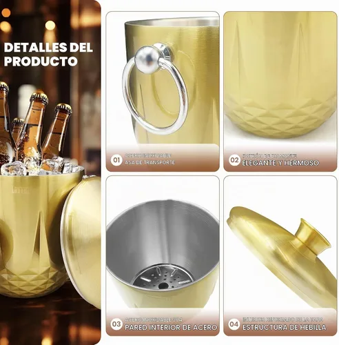 Vista 5 de Cubo de hielo de acero inoxidable de doble pared 3L, oro Glod-2