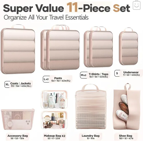 Vista 2 de Veken Juego de 11 cubos de compresión para artículos esenciales de viaje, bolsas organizadoras compresibles expandibles grandes para ropa, bolsas