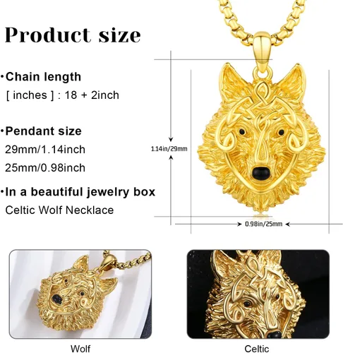 Vista 6 de Twoowl Collar de cabeza de lobo para hombre, plata de ley 925, oro con colgante de lobo, collar Fenrir nórdico pagano, joyería punk para hombres
