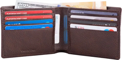 Vista 2 de DiLoro Billetera de cuero delgada para hombre con bolsillo y tecnología de bloqueo RFID Géminis Brown Cartera RFID plegable