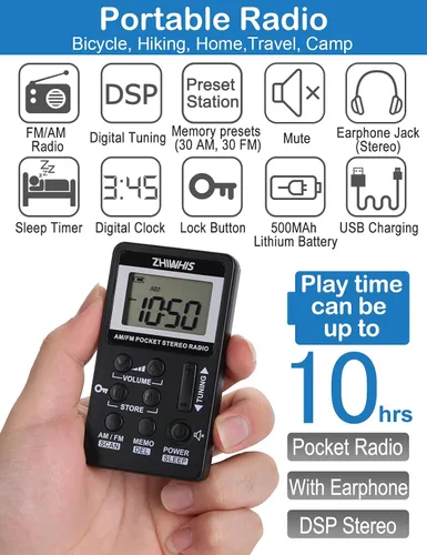 Vista 2 de ZHIWHIS Radio portátil, receptor AM FM con temporizador de sueño, radios estéreo recargables con reloj digital, sintonizador DSP con función