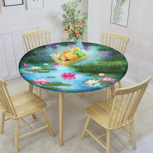Vista 2 de Nature Round Fitted Tablecloth Cover,Fantasy Pond with Water Lilies Elastic Edged Polyester Fitted Table Pad, XLarge, Fit Round Tables up 59"-63