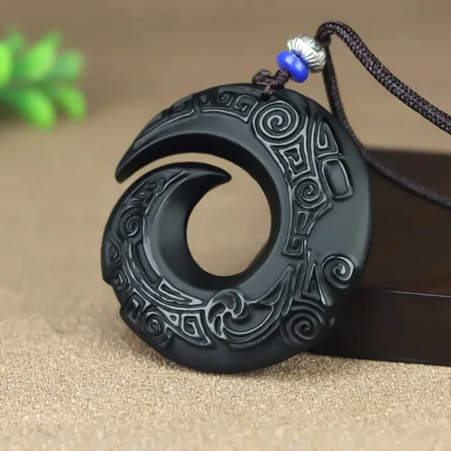 Vista 2 de caiyufeng Natural Boutique - Colgante de obsidiana de la suerte con cadena de cuentas joyería para hombre colgante de jade color negro Madera