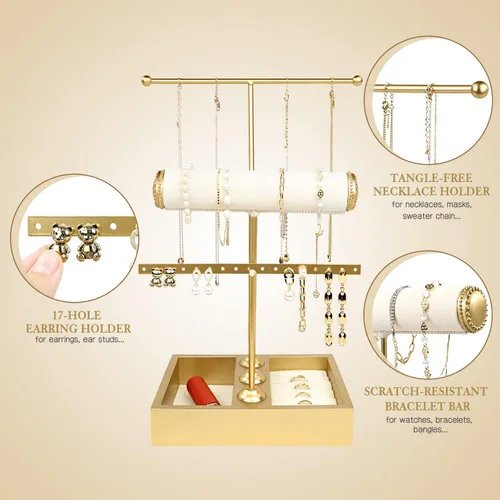 Vista 2 de Funlove Soporte organizador de joyas 3 en 1 para collares, pulseras, aretes y anillos, joyería de árbol, torre de metal y madera, oro