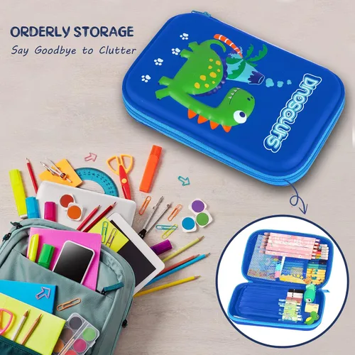 Vista 4 de homicozy Estuche para lápices para niños, bonito juego de papelería de dinosaurio para niños, organizador de lápices escolar de EVA 3D