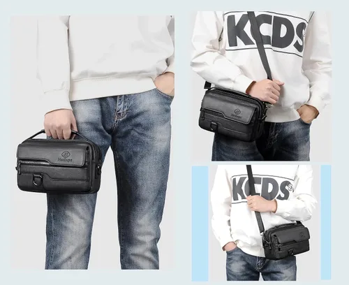 Vista 2 de FSD. WG Small Leather Sling Shoulder Bag for Men, Messenger Pack, Black, One Size, 9 x 4 x6