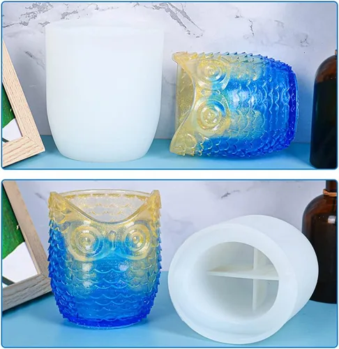 Vista 9 de Molde de silicona de resina para bolígrafo, molde para portavelas de búho, molde de fundición de epoxi para taza, maceta de almacenamiento