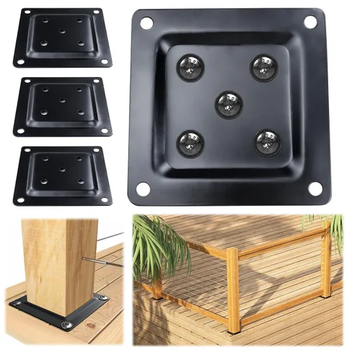 Vista 7 de Muzata Paquete de 4 conectores de placa de poste de madera de 3.5 x 3.5 pulgadas, placa base de poste de cubierta, valla de madera, barandilla