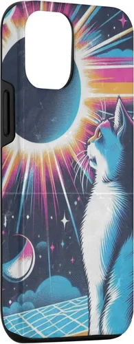 Vista 3 de iPhone 15 Cat Solar Eclipse - Synthwave Retro Poster Style Case