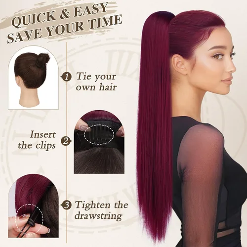 Vista 5 de Barsdar Extensión de Cola de Caballo Castaño - Extensión de Cabello en Cola de 30 Pulgadas Larga y Recta con Cordón Ajustable para Mujeres Caoba