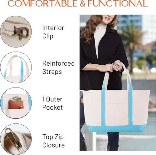 Vista 2 de CB STATION Bolso grande clásico – Bolsa de lona para mujer – Diseño multicolor, perfecta para viajes y compras En blanco: azul bebé