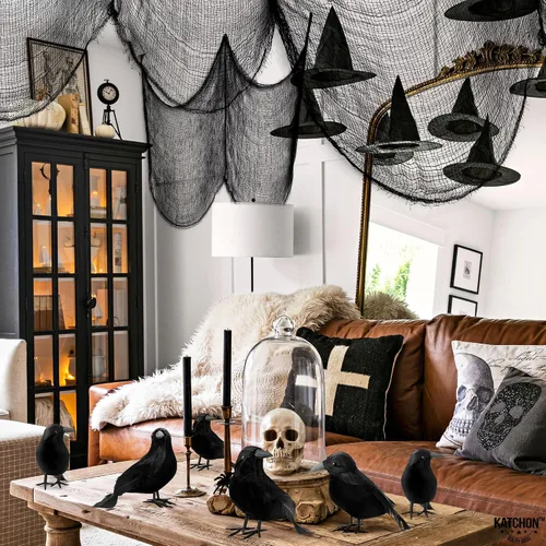 Vista 8 de KatchOn Tela espeluznante y cuervos de Halloween, gasa negra, paquete de 7 Negro